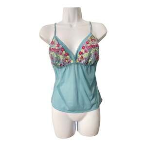 Cacique Aqua Sheer Mesh Floral Embroidered Lace Cami Tank Top Size 14/16